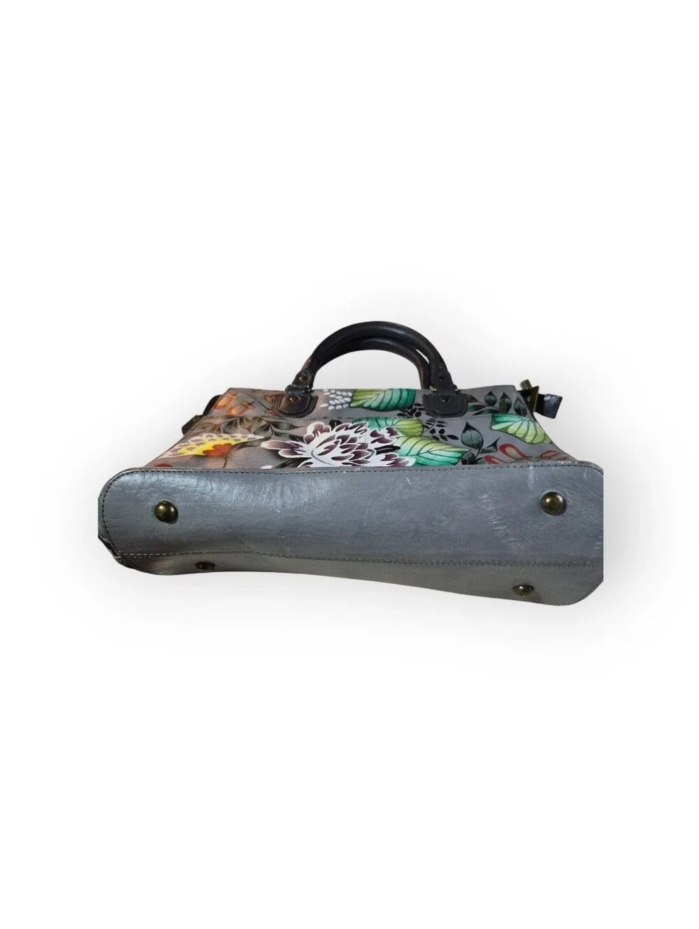 Anuschka Hand Painted Lg Leather Tote Garden Of Eden Grey/ Floral Pattern